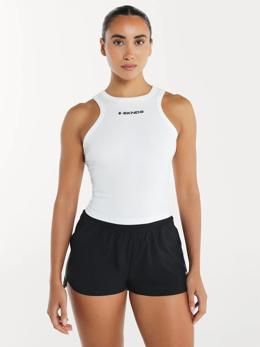 11SKNDS II SKNDS Ribbed High Neck Sleeveless Cropped Tank Top With Logo Print For Summer Gym Casual Wear With Sweat-Wicking, Stretchy, Breathable, Quick-Dry & Buttery-Soft, For Workout Fitness Yoga Pilates Studio, Running, Training & Hy-Rox - White - View 1