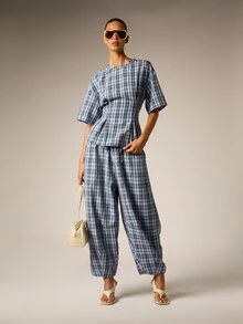AiiRZ Plaid Check Short Sleeve Blouse With Ruched Waist Detail Crew Neck Structured Peplum Hem Summer Casual Top - Multicolor - View 4