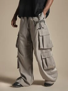 SUMWON Wide Leg Cargo Pants With Multi Flap Pockets Drawstring Waist Logo Print Full Length Streetwear Trousers - Dark Grey - View 1