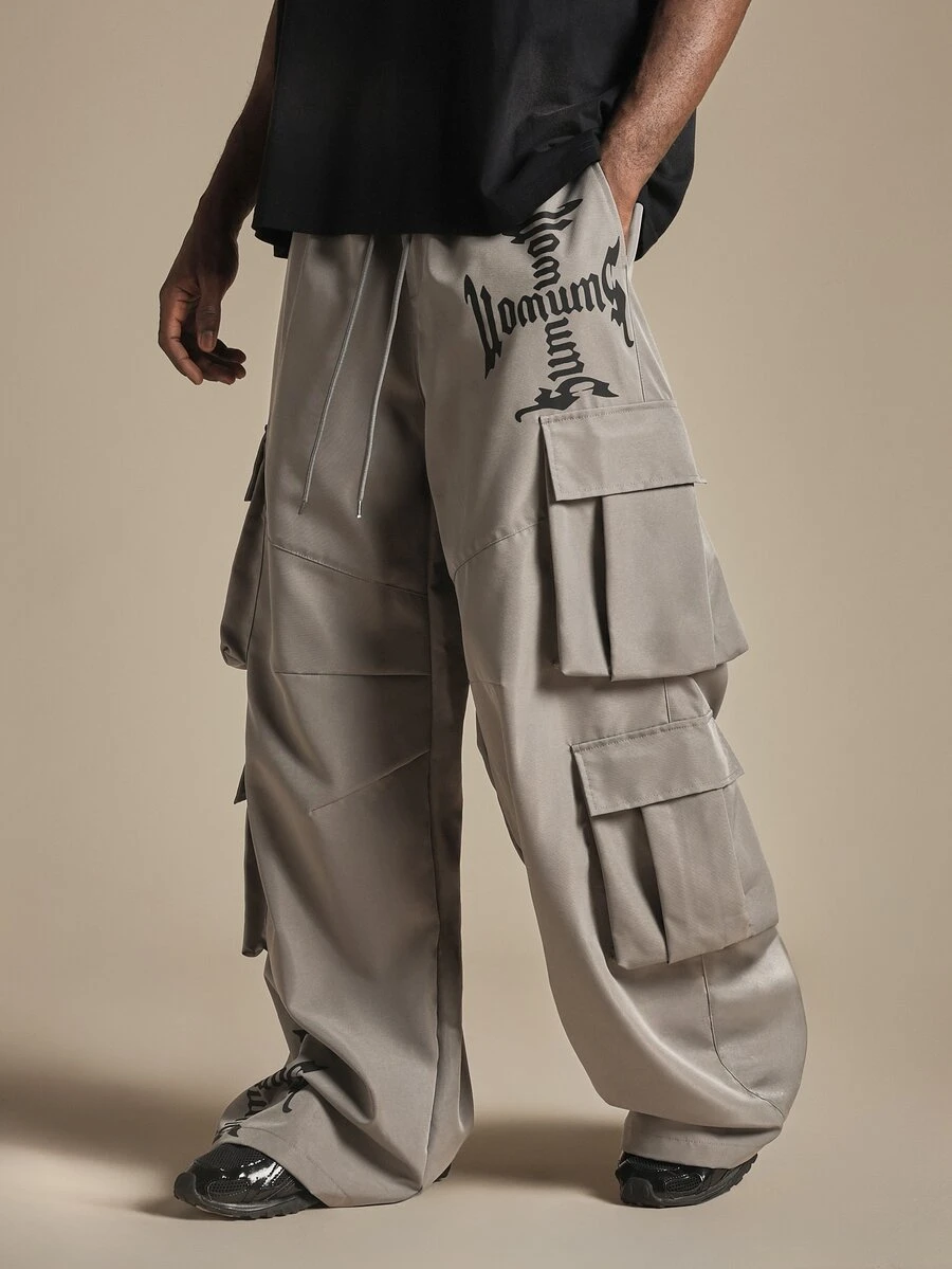 SUMWON Wide Leg Cargo Pants With Multi Flap Pockets Drawstring Waist Logo Print Full Length Streetwear Trousers - Dark Grey - View 1