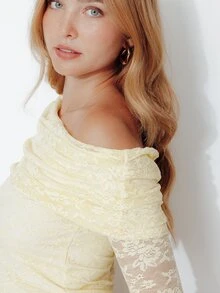 Pimkie Edition Women's One-Shoulder Pleated Asymmetrical Hem Lace Top - Yellow - View 6