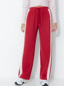 Pimkie Edition Women's Casual Striped Colorblock Drawstring Waist Sweatpants - Burgundy - View 1