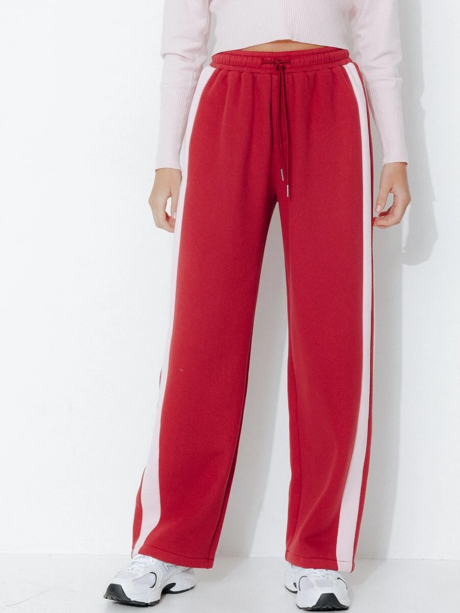 Pimkie Edition Women's Casual Striped Colorblock Drawstring Waist Sweatpants - Burgundy - View 1