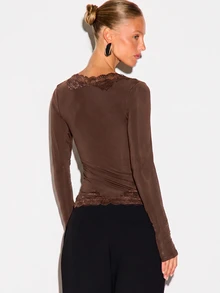 KIZN Lace Trim Long Sleeve Top Deep V Neck Fitted Stretch Jersey Scallop Edge Hem Holiday Party Night Out Top - Brown - View 2