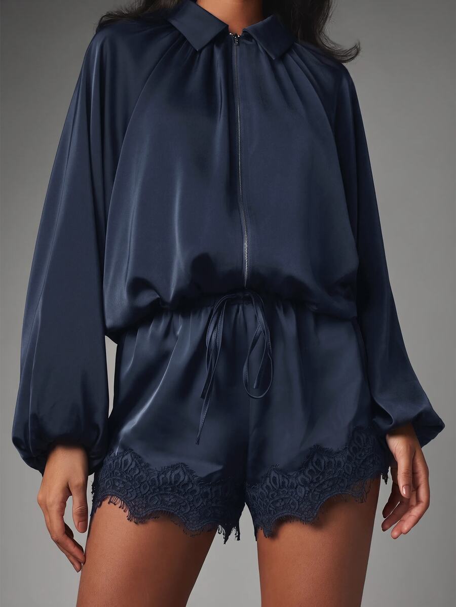 MISSGUIDED Satin Zip-Up Romper With Lace Trim Shorts And Drawstring Waist - Long Balloon Sleeve Playsuit For Fall - Navy Blue - View 1