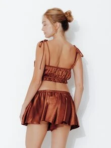 Pimkie Edition Women's Gentle Bow Decor Cami Top And Satin Shorts Pajama Set - Brown - View 2