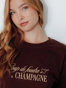 Pimkie Edition Women's Letter Print Round Neck Short Sleeve Casual T-Shirt - Coffee Brown - View 4