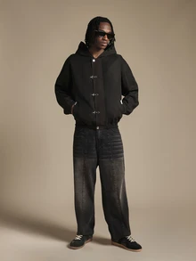 SUMWON Oversized Black Hooded Bomber Jacket With Metal Clasp Closures Elastic Cuffs And Waistband Fall Winter Outerwear - Black - View 3