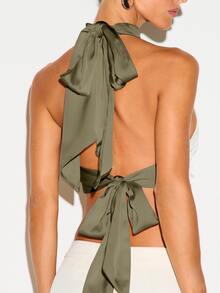 KIZN Satin Halter Crop Top With Cowl Neck Tie Back Open Back Design Party Night Out Summer Festival - Khaki - View 6