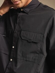 SUMWON Oversized Long Sleeve Utility Shirt With Dual Chest Flap Pockets And Snap Button Closure For Casual Everyday Wear - Black - View 5