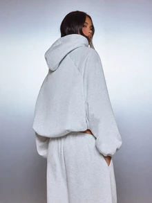 MISSGUIDED Oversized Cropped Sweatshirt With Balloon Sleeves Elasticated Cuffs Centre Pocket Casual Pullover Fall Winter Essential - Grey - View 7