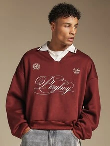 PLAYBOY X SUMWON Oversized Burgundy Sweatshirt With Cursive Script Logo Print V-Neck Long Sleeve Casual Pullover Top - Burgundy - View 6