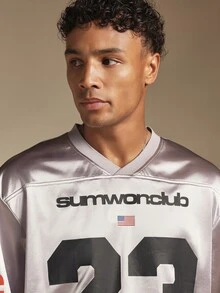 SUMWON Club Metallic Silver Oversized Football Jersey V-Neck Short Sleeve Top With Number 23 Front Print And Sleeve Logo - Grey - View 6