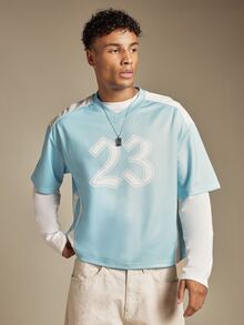 SUMWON Oversized Light Blue Color Block Mesh Soccer Jersey V-Neck Tee With Number 23 And Varsity Back Print - Blue and White - View 2