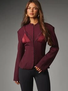 MISSGUIDED Áo blazer ôm dáng không cổ với mảng ngực bralette ren satin, cài móc và mắt, vai định hình, áo khoác dự tiệc buổi tối đi chơi mùa thu đông - Màu Đỏ Sâu - Xem 1