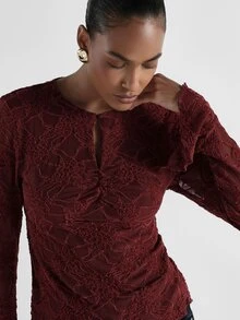 KSTM Floral Lace Bell Sleeve Blouse With Keyhole Notch Neckline And Ruched Detail Perfect For Date Night And Holiday Occasions - Burgundy - View 4