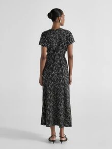 KSTM Abstract Print V-Neck Wrap Dress With Cinched Waist Short Sleeve Ruched Detail Elegant Evening Party Midi Length - Black and White - View 5
