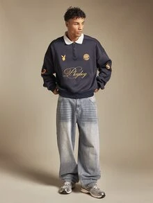 PLAYBOY X SUMWON Oversized Quarter Zip Rugby Sweatshirt With Script Logo Bunny Graphic And Number Sleeve Print - Navy Blue - View 3