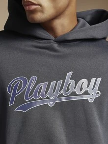 PLAYBOY X SUMWON Varsity Script Logo Oversized Pullover Hoodie With Centre Pocket Long Sleeve Winter Essential Streetwear - Black - View 5