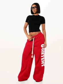 SUMWON WOMEN Oversized Wide Leg Sweatpants With Bold Vertical Graphic Print, Rope Drawstring Waist, Relaxed Baggy Fit, Casual Streetwear Lounge Bottoms - Red - View 5