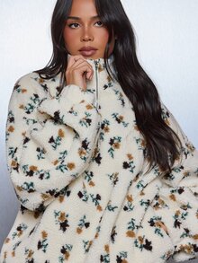 MISSGUIDED Pullover Sherpa Motif Bunga dengan Resleting Seperempat, Ukuran Besar, Kerah Tinggi, Bahan Fleece Lembut, Atasan Teddy Nyaman untuk Musim Gugur dan Musim Dingin dengan Tali Serut di Bagian Bawah - MultiWarna - View 2