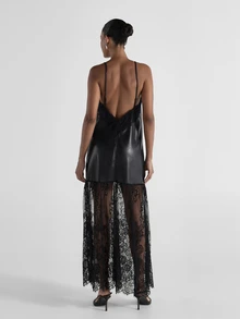 KSTM Faux Leather And Lace Maxi Slip Dress With V-Neck Lace Trim Detail And Sheer Floral Lace Skirt Evening Party Holiday - Black - View 6