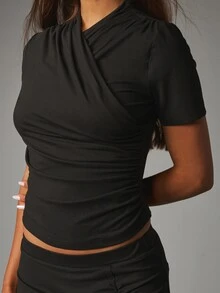 MISSGUIDED Ruched Wrap Neck Crop Top And Asymmetric Handkerchief Hem Midi Skirt Co-Ord Two Pieces Set - Black - View 5