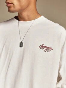 SUMWON Script Logo Oversized Long Sleeve Crew Neck Tee With Back Graphic Print Casual Relaxed Fit Cotton Top - White - View 5