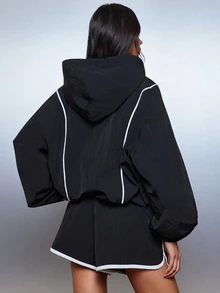 MISSGUIDED Oversized Full-Zip Hooded Windbreaker Jacket And Mini Shorts Co-Ord Set With White Contrast Piping Trim Detail - Black - View 7