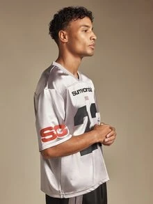SUMWON Club Metallic Silver Oversized Football Jersey V-Neck Short Sleeve Top With Number 23 Front Print And Sleeve Logo - Grey - View 5