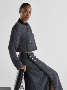 KSTM Cropped Tweed Blazer Jacket With Silver Button Detail Stand Collar Collarless Long Sleeve Structured Formal Style - Blue - View 7