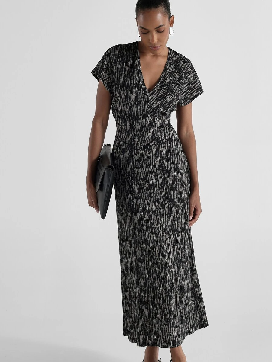 KSTM Abstract Print V-Neck Wrap Dress With Cinched Waist Short Sleeve Ruched Detail Elegant Evening Party Midi Length - Black and White - View 1