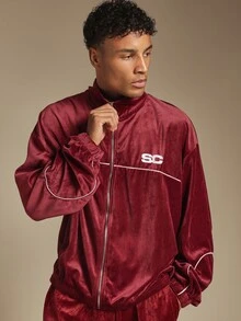 SUMWON Jaket Track Beludru dengan Resleting Penuh, Kerah Mandarin, Lis Kontras Putih dan Logo Bordir, Panjang Hingga Pinggul, Potongan Longgar. - Merah - View 1