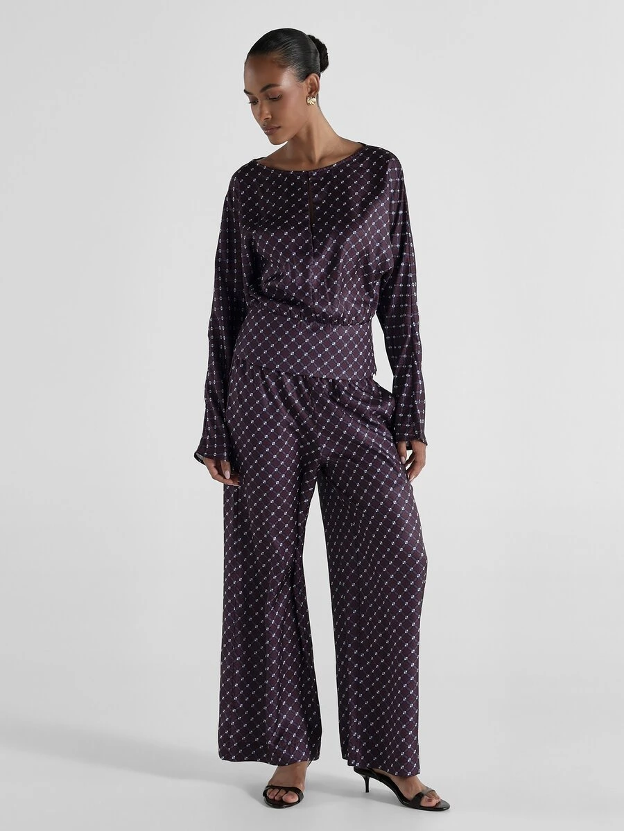 KSTM Wide Leg Geometric Print Satin Palazzo Pants With Elastic Waist Full Length Flowy Holiday Party Evening Casual Style - Multicolor - View 1