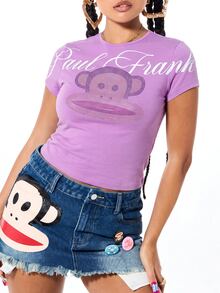 SUMWON X PAUL FRANK SUMWON WOMEN Monkey Rhinestone Graphic Crop Tee Short Sleeve Baby Fit Crew Neck Top - Purple - View 4