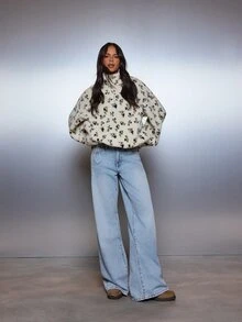 MISSGUIDED Pullover Sherpa Motif Bunga dengan Resleting Seperempat, Ukuran Besar, Kerah Tinggi, Bahan Fleece Lembut, Atasan Teddy Nyaman untuk Musim Gugur dan Musim Dingin dengan Tali Serut di Bagian Bawah - MultiWarna - View 3