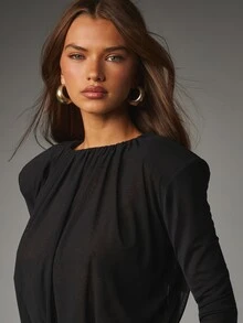 MISSGUIDED Black Mesh Crop Blouse With Ruched Boat Neckline And Structured Padded Shoulders Long Sleeve Semi Sheer Evening Top Party - Black - View 2