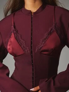 MISSGUIDED Áo blazer ôm dáng không cổ với mảng ngực bralette ren satin, cài móc và mắt, vai định hình, áo khoác dự tiệc buổi tối đi chơi mùa thu đông - Màu Đỏ Sâu - Xem 5
