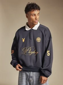 PLAYBOY X SUMWON Oversized Quarter Zip Rugby Sweatshirt With Script Logo Bunny Graphic And Number Sleeve Print - Navy Blue - View 4