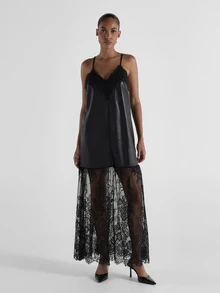 KSTM Faux Leather And Lace Maxi Slip Dress With V-Neck Lace Trim Detail And Sheer Floral Lace Skirt Evening Party Holiday - Black - View 3