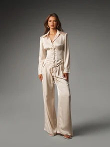 MISSGUIDED High Rise Wide Leg Satin Dress Pants With Pleated Front And Belt Loops For Evening Occasions Spring Summer Party - Apricot - View 5