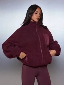 MISSGUIDED Oversized Sherpa Fleece Zip-Up Jacket With Stand Collar Zip Chest Pocket And Side Pockets Cozy Winter Outerwear - Burgundy - View 1