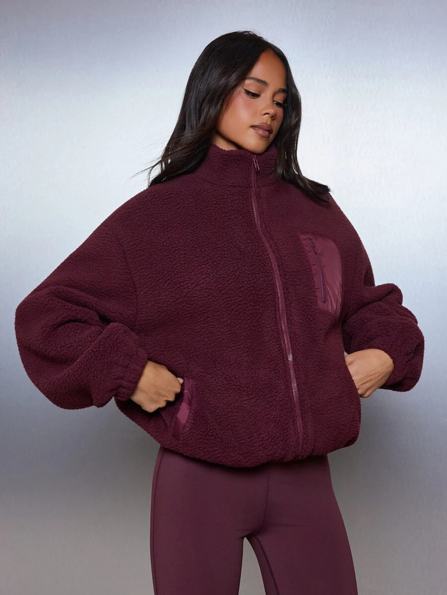 MISSGUIDED Oversized Sherpa Fleece Zip-Up Jacket With Stand Collar Zip Chest Pocket And Side Pockets Cozy Winter Outerwear - Burgundy - View 1