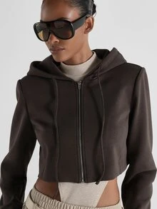 KSTM Hoodie Pendek dengan Resleting, Tudung Bertali, dan Manset Terpisah, Siluet Terstruktur, Pakaian Tambahan untuk Musim Gugur dan Musim Dingin. - Coklat - View 4