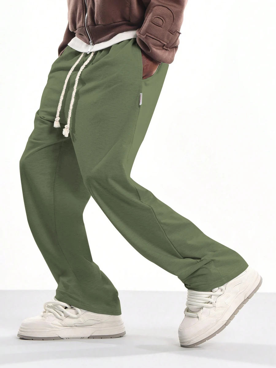 SUMWON Wide Leg Drawstring Sweatpants With Elastic Waist And Side Pockets Relaxed Fit Jogger Trousers For Casual Everyday Wear - Army Green - View 1
