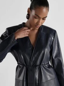 KSTM Faux Leather Kimono Wrap Jacket With Tie Waist Belt V-Neck Long Sleeves Structured Shoulders Hip Length Fall Winter Outerwear Party - Blue - View 4