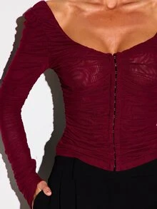 KIZN Ruched Mesh Long Sleeve Corset Top With Hook And Eye Front Closure And Deep V Neckline For Date Night Party - Burgundy - View 2