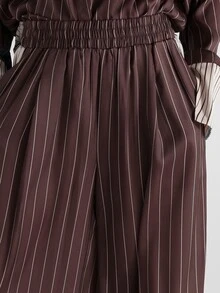 KSTM Wide Leg High Rise Satin Striped Palazzo Pants With Side Panel Detail And Side Pockets Full Length Relaxed Fit - Brown - View 5