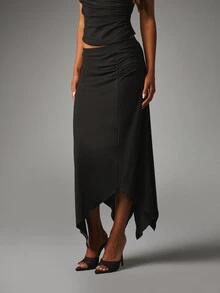 MISSGUIDED Ruched Wrap Neck Crop Top And Asymmetric Handkerchief Hem Midi Skirt Co-Ord Two Pieces Set - Black - View 4