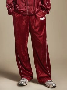 SUMWON Velvet Wide Leg Track Pants With White Contrast Piping And Logo Detail Perfect For Casual Everyday Wear And Lounging - Burgundy - View 4